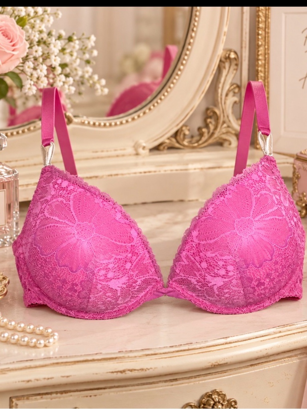 Victoria's Secret Pink Floral Lace Overlay Padded Underwire Push Up Bra